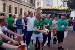 Irish Fan with a Horse Mask kicks Ball into a Hotel Window - EURO 2016