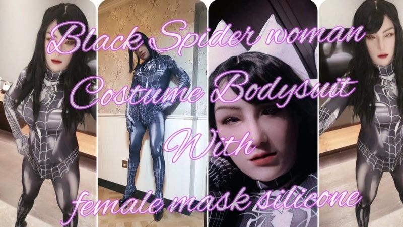 Costume bodysuit black spider woman, realistic female mask