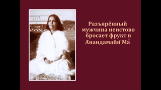 Разъярённый мужчина неистово бросает фрукт в Анандамайи Ма